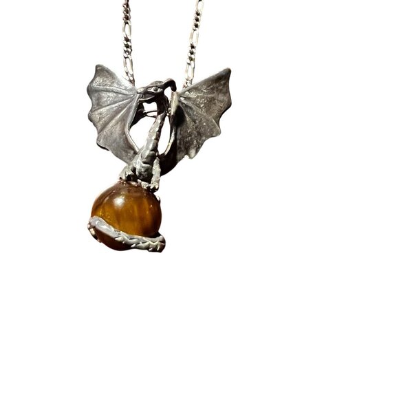 Sterling Silver 925 Dragon Pendant Necklace With Tiger Eye Gemstone - Picture 1 of 15